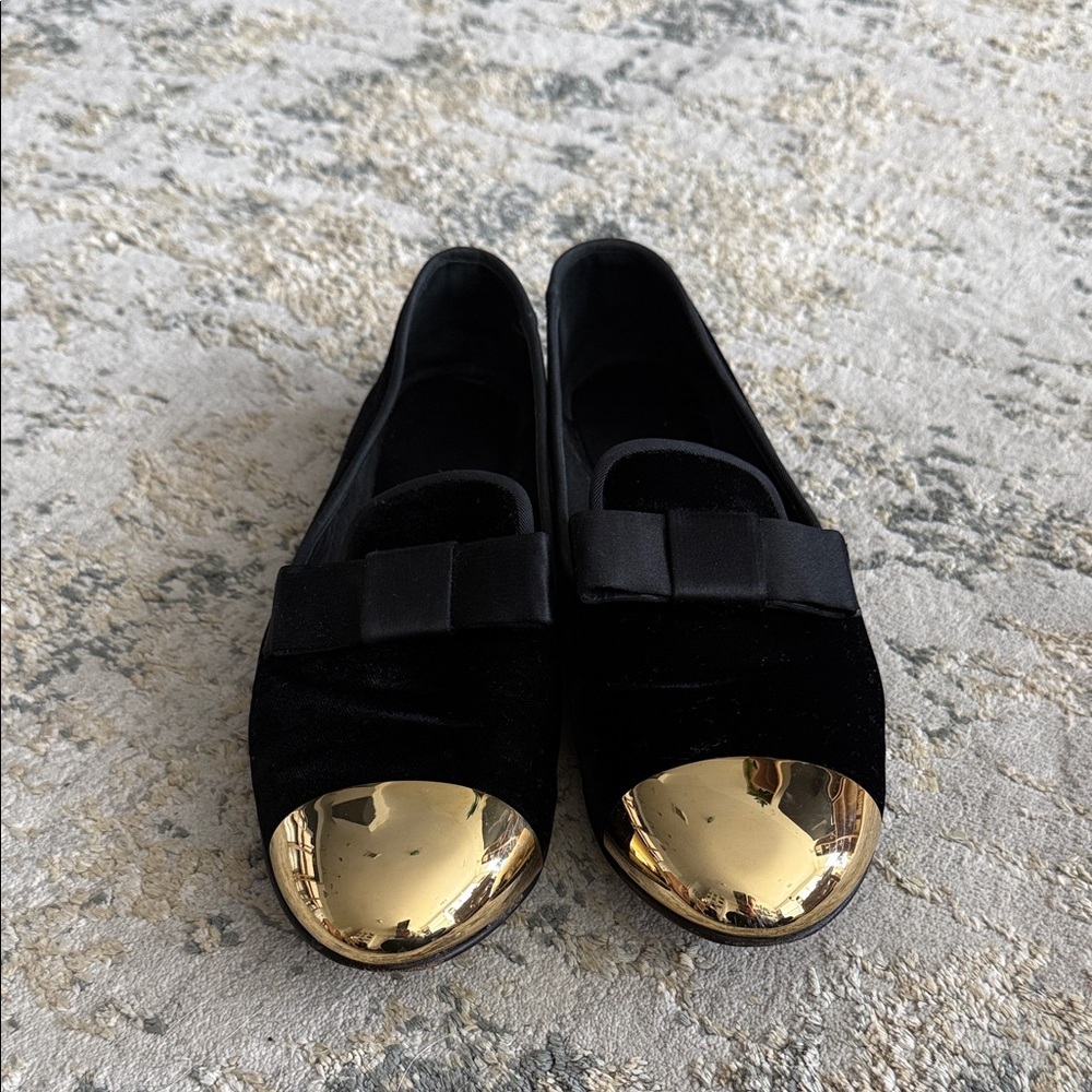 Giuseppe Zanotti Black Velvet Flats with Gold Cap Toe